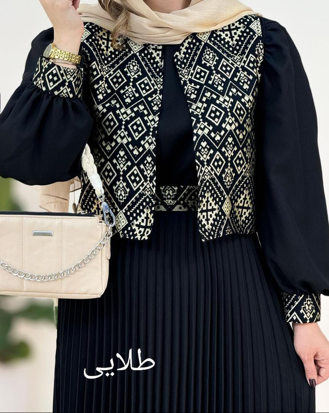 ست سه تیکه جلیقه و سارافون و کمربند زنانه مجلسی تافته و کرپ