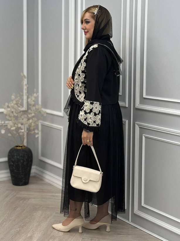سه تیکه کت و دامن و شال زنانه مجلسی مازراتی خرجکار هندی و تور