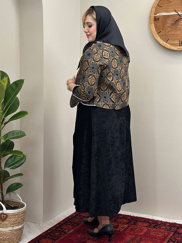 ست دو تیکه کت و سارافون زنانه پاییزه مجلسی گلیمی و مخمل کره ای