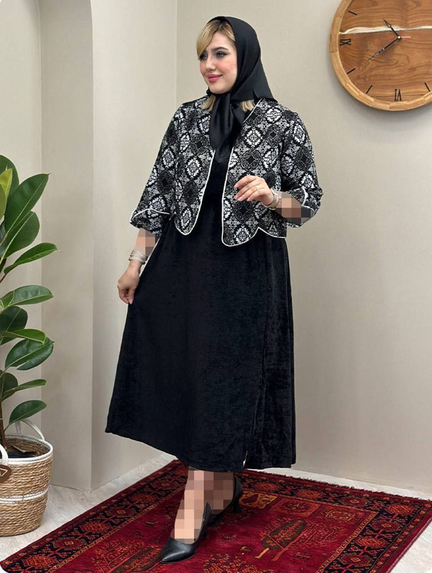 ست دو تیکه کت و سارافون زنانه پاییزه مجلسی گلیمی و مخمل کره ای