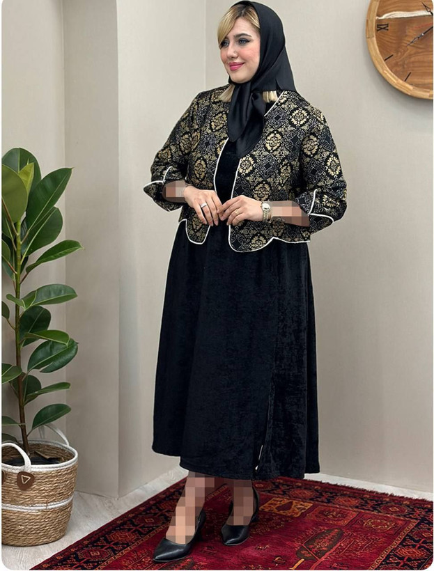 ست دو تیکه کت و سارافون زنانه پاییزه مجلسی گلیمی و مخمل کره ای