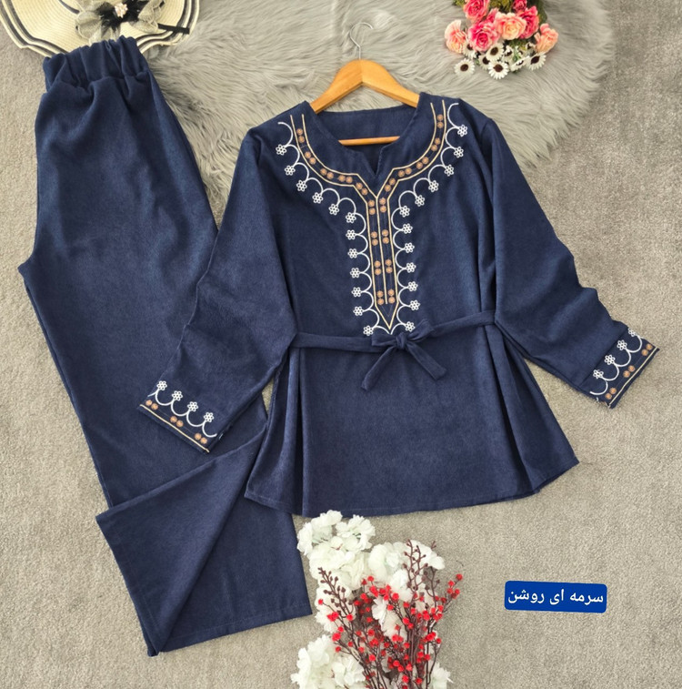 ست تونیک شلوار زنانه مجلسی مخمل کبریتی ریز