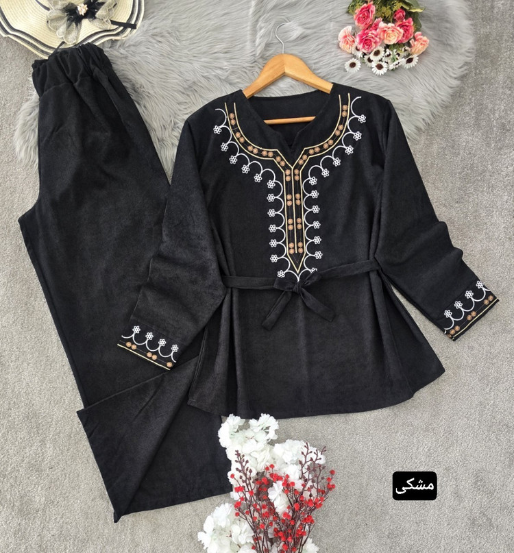 ست تونیک شلوار زنانه مجلسی مخمل کبریتی ریز
