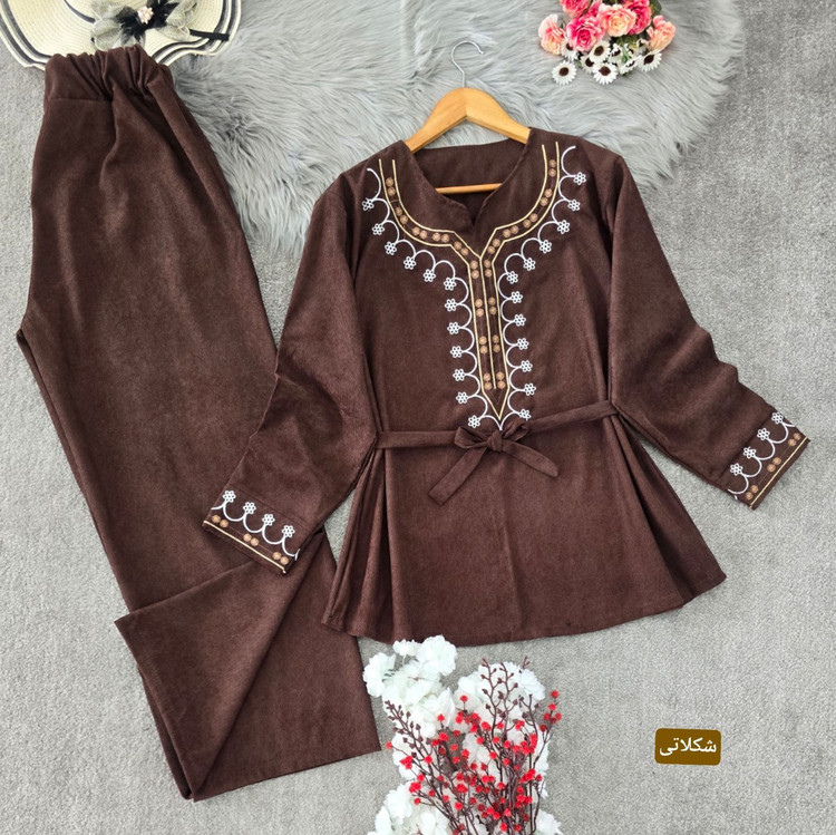 ست تونیک شلوار زنانه مجلسی مخمل کبریتی ریز