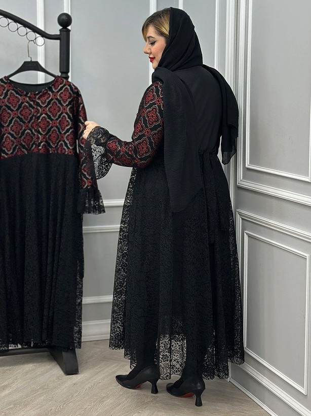 پیراهن زنانه یلدایی تافته و پرشین و دانتل