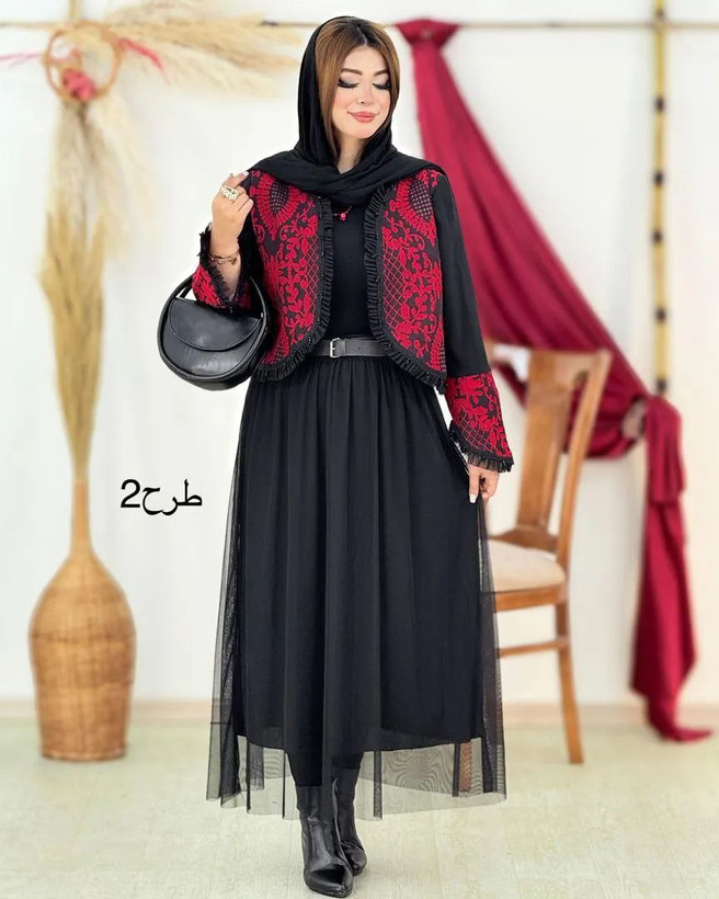 ست کت و دامن زنانه یلدایی سوزن دوزی خرجکار جواهر دوزی و تور