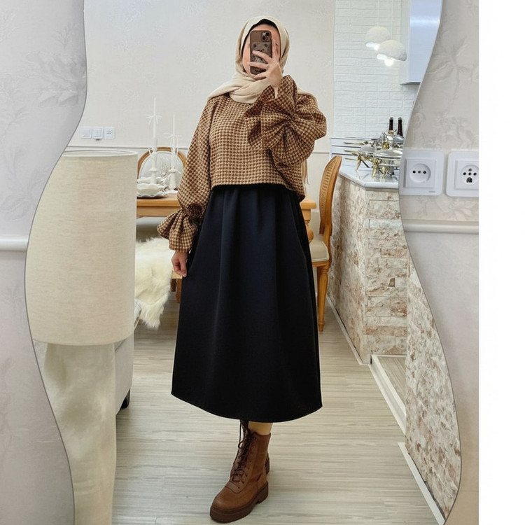 ست کراپ و دامن زنانه مجلسی تافته ضخیم و مخمل کبریتی