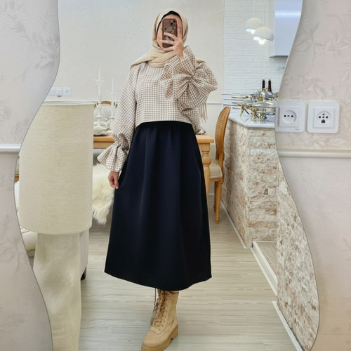 ست کراپ و دامن زنانه مجلسی تافته ضخیم و مخمل کبریتی