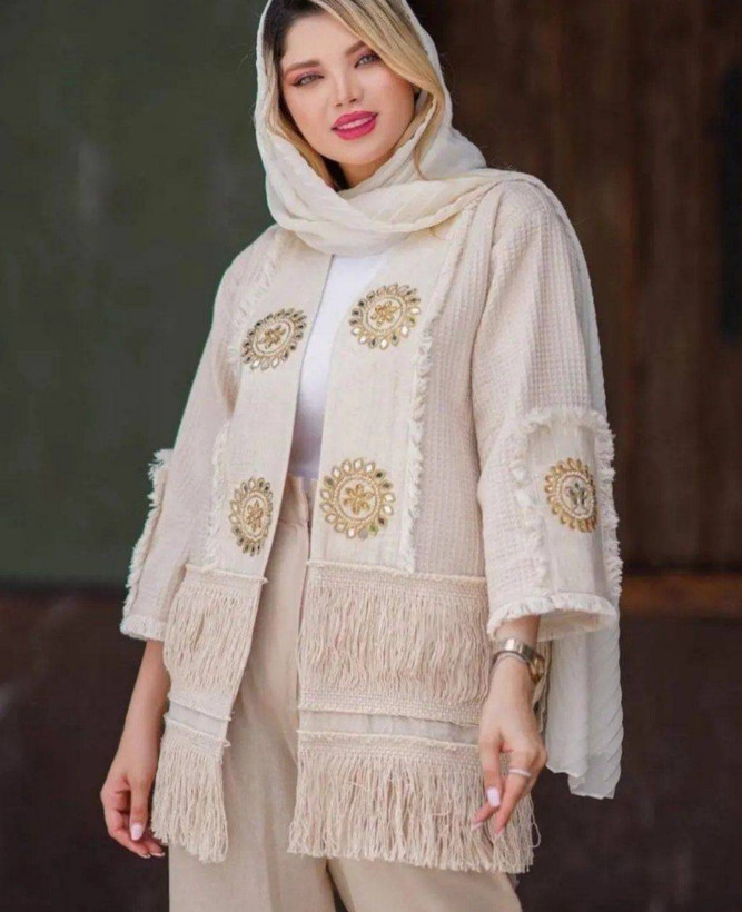 کت و شلوار زنانه مجلسی لینن نچرال خرجکار مروارید هندی