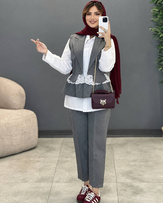 ست سه تیکه وست و شومیز و شلوار زنانه مجلسی تترون و دیپلمات